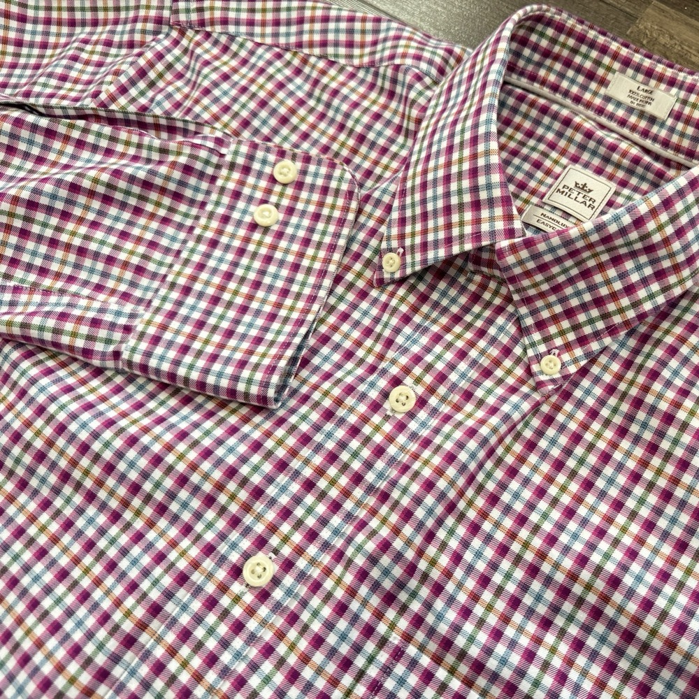 Peter Millar Nanoluxe Mens Size Large Cotton Pink Blue Green Orange Button Shirt